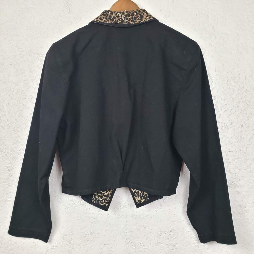 Vintage 90s Denim Open Front Blazer Animal Print Art Pop Classic - L - Picture 2 of 5